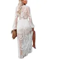 Robe longue blanche élégante en dentelle pour femme broderie florale col en V manches longues