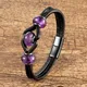 Bracelet en pierre de cristal d'améthyste naturelle ronde femmes charme noir Double cuir corde