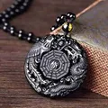 Collier Dragon et Phénix Carimplantés en Obsidienne Noire Pendentif Potins de Style Chinois