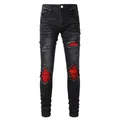 Jean de motard plissé rouge craquelé pour homme pantalon en denim skinny fuselé noir streetwear