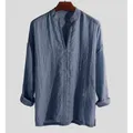 Chemise en lin de coton vintage pour hommes manches longues t-shirts surdimensionnés col en V