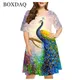 Robes imprimées paon 3D pour femmes manches courtes robe grande taille col rond robe trapèze