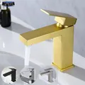 Robinet mitigeur d'eau de lavabo monotrou de haute qualité salle de bains carré en or brossé