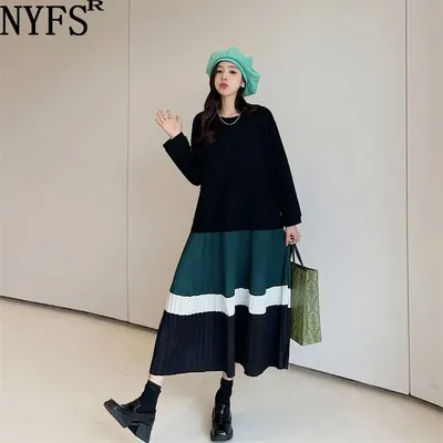 NYelasticity-Robe Éducative en Coton pour Femme Grande Taille à Panneaux Plissée Longue