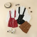 1-6y Solid Long Sleeve Lace Button Blouse Shirts Tops+pu Leather Suspender Skirts Outfits Autumn