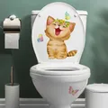 Autocollants muraux de dessin animé joyeux chaton décor de salle de bains placard de toilette