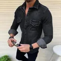 Chemise en Denim pour hommes coupe Slim décontractée à boutons avec poche manches longues col