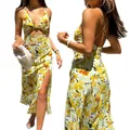 Women Deep V-neck Slit Dress Yellow Floral Print Backless Hollow Out Dress Summer 2022