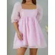 Robe de soirée bouffante pour femmes couleur unie col carré manches bouffantes courte rose