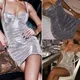 Mini robe de soirée sans manches pour femmes Sexy moulante courte brillante argentée élégante