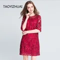 TAOYIZHUAI-Robe florale rouge à col rond pour femme style chinois robe en dentelle gaine