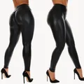 Leggings taille haute en cuir PU pour femmes pantalon Slim extensible noir Clubwear