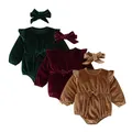 Baby Girls Velvet Romper Sets Infant Newborn Girls Long Sleeve Solid Velutum Patchwork Romper+Bow