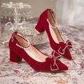 Escarpins de mariage en cristal rouge pour femmes chaussures de mariée pointues avec nœud papillon