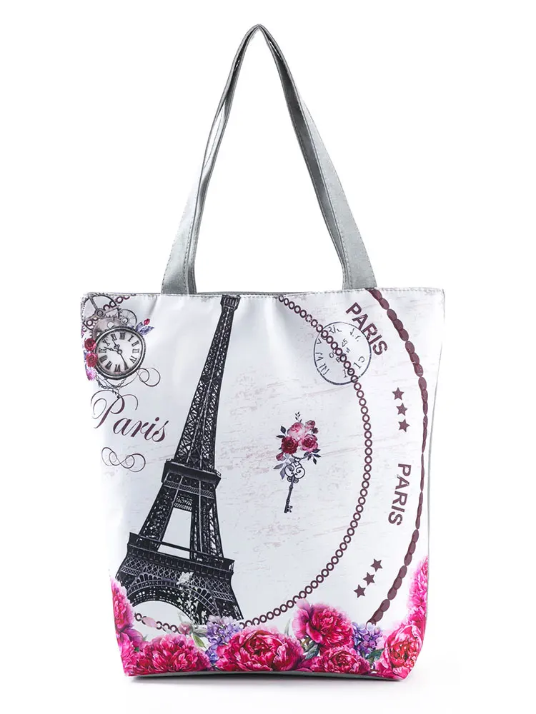 Sacs tour de Paris pour femmes, tendance artistique à la mode, en lin écologique, sac imprimé, poches ouvertes, sac de Shopping Floral assorti
