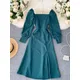 Robe mi-longue fendue à col carré pour femme manches bouffantes minces robe femme perlée robe