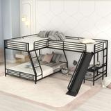 L-Shaped Twin over Full Size Metal Bunk Bed with Twin Size Loft Bed and Built-in Desk, 3 Beds in 1 with Metal Slats