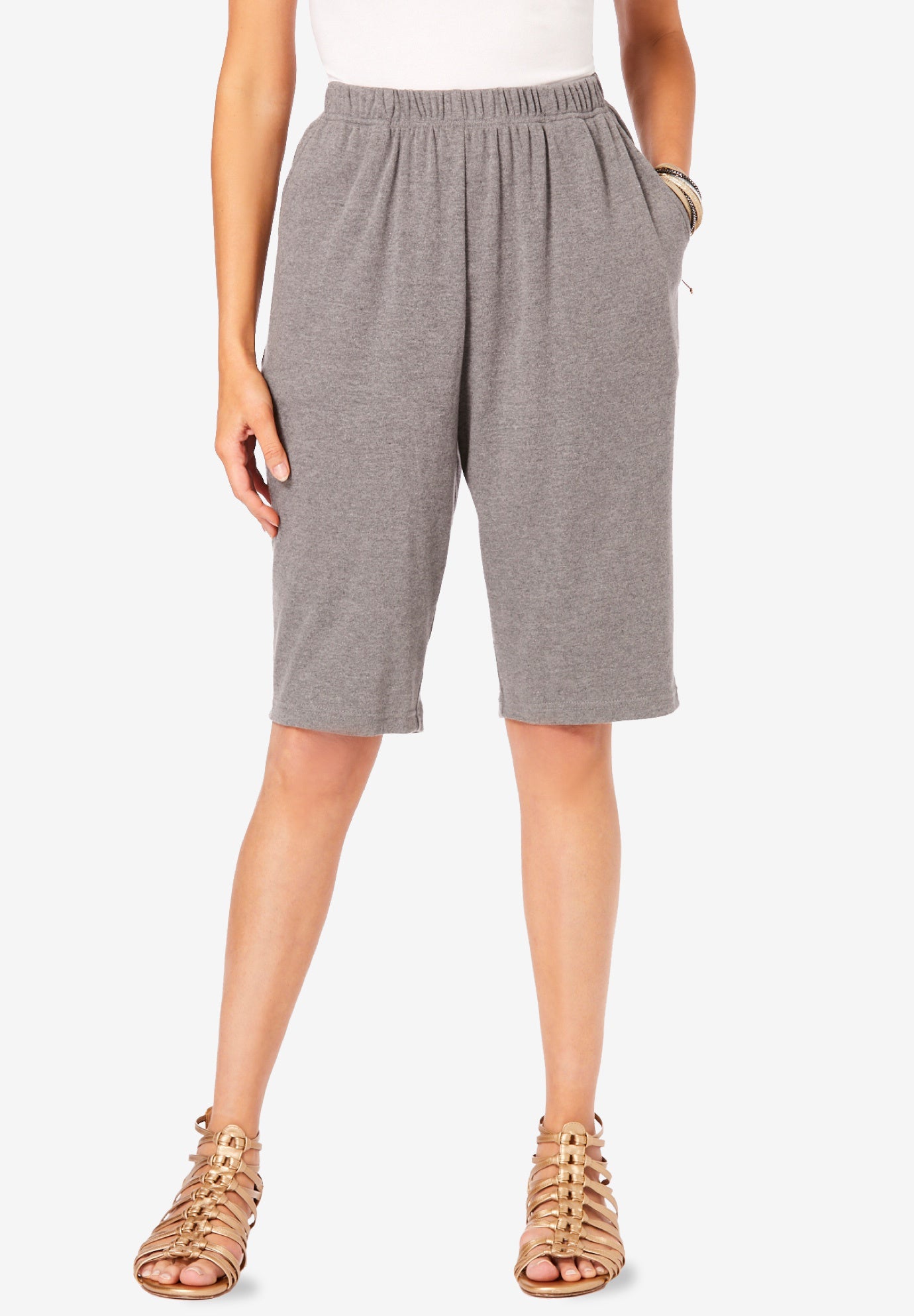 Plus Size Women's Plus Size Soft Knit Pull-on Bermuda Short by Roaman's in Medium Heather Grey (Size 6X) Pull On Elastic Waist