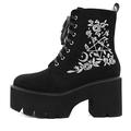 GooMaShoes Women's Black Lace up Embroidered High Heel Platform Boots Goth Shoes, Punk Block Faux Suede Side Zipper Combat Boots, Gothic Round Toe Chunky Heel Ankle Boots (UK Size 3.5)