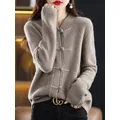 Cardigan décontracté en pure laine pour femme col mi-haut pull avec nœud structile veste en