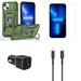 Accessories Bundle Pack for iPhone 14 Case - Rugged Camera Protection Stand Cover (Forest Green) Screen Protectors 30W Dual Car Charger USB-C to MFI Certified Lightning Cable