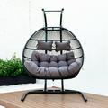 Double-Seat Foldable Swing Chair with Stand Iron Chair Frame with Handcrafted Wicker Hanging Chair Elegant Design Hammock Chair with Soft Cushion Perfect for Balcony Garden Black