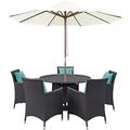 Modern Contemporary Urban Design Outdoor Patio Balcony Seven PCS Dining Chairs and Table Set Blue Rattan