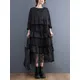 Robe à volants en maille florale noire vintage pour femmes manches longues robes mi-longues