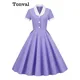 TONVAL-Robe Longue Vintage à Carreaux pour Femme Col Châle lèvent Manches Courtes Poches Robes