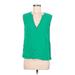 TK Sleeveless Blouse: Plunge Covered Shoulder Green Print Tops - Women's Size Medium Petite
