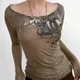 T-shirt à manches longues pour femmes haut court vintage marron grunge t-shirt basique vêtements