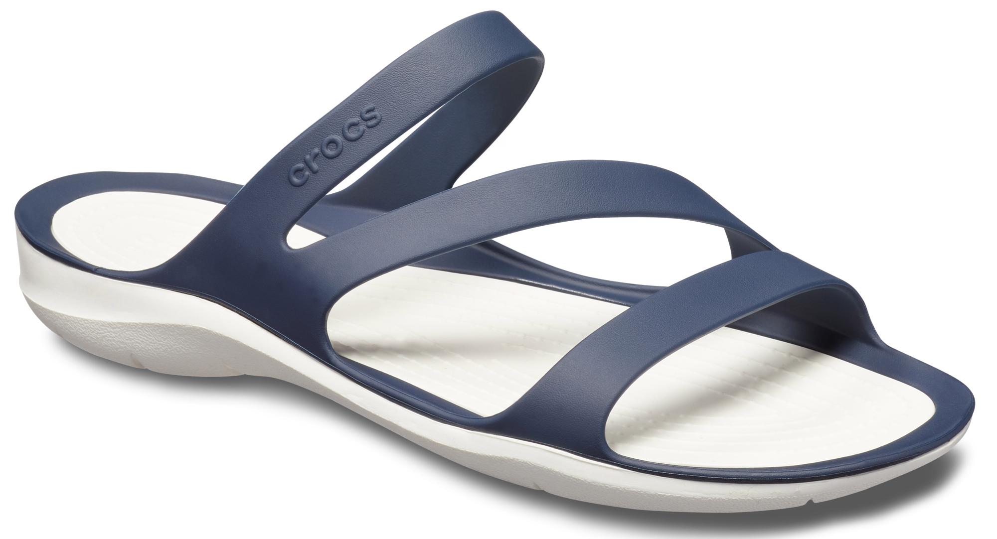 Badepantolette CROCS "Swiftwater Sandal", Damen, Gr. 42, weiß (navy weiß), Croslite™, Sportlich, Schuhe Badelatschen Pantolette, Sommerschuh, Badeschuh, Poolslides, genoppte Innensohle