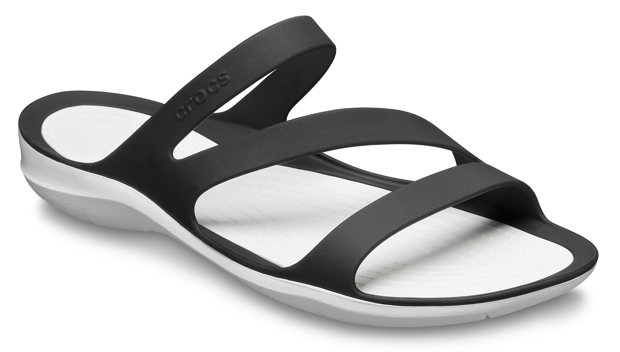 Badepantolette CROCS "Swiftwater Sandal", Damen, Gr. 42, schwarz (schwarz weiß), Croslite™, Schuhe Badelatschen Pantolette, Sommerschuh, Badeschuh, Poolslides, genoppte Innensohle