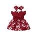 Infnat Baby Girl Romper Dress Knit Ribbed Fly Sleeve Bow Front Floral Printed Romper Headband Set