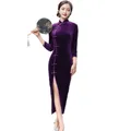 Robe de soirée longue chinoise pour femme manches 3/4 velours Qipao grande taille Cheongsam