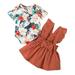 Kucnuzki Infant Baby Girl Clothes 0 Months Summer Skirt Sets 3 Months Short Sleeve Cute Floral Prints Romper Top Suspender Pleated Skirt Headband 3PC Sets Brown