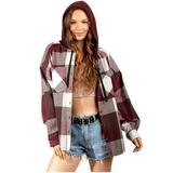 JGGSPWM Women s Plaid Flannel Shirts Hoodie Long Sleeve Oversized Shirt Jacket Button Down Blouse Tops Shacket Jacket for Teen Girl Wine S