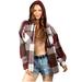 JGGSPWM Women s Plaid Flannel Shirts Hoodie Long Sleeve Oversized Shirt Jacket Button Down Blouse Tops Shacket Jacket for Teen Girl Wine S