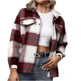 JGGSPWM Womens Long Sleeve Plaid Jacket Button Down Casual Boyfriend Blouse Shirts Tops Shacket Jacket Flannel Shirts with Pocket Wine L