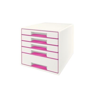 LEITZ Schubladenbox WOW Cube 5 geschlossene Schubladen, 1 hohe, 4 flache, weiß/pink, mit Auszugstopp, Schubladeneinsatz