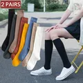 Chaussettes hautes en coton pour femmes 2 paires couleur unie bas de mollet décontractés