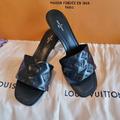 Louis Vuitton Shoes | Louis Vuitton Monogram Embossed Revival Leather Sandal Mule 40=10us 2inch Heel | Color: Black | Size: 10