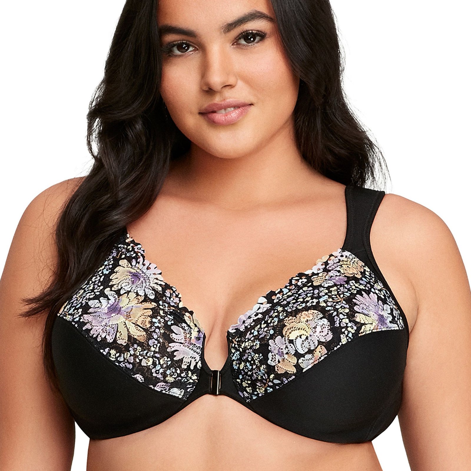 Glamorise Front-Close Wonderwire Bra (Size 44-G) Black Floral, Elastine,Nylon,Polyester