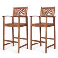 Costway 2 Pieces Outdoor Acacia Wood Bar Chairs with Sunflower Backrest and Armrests