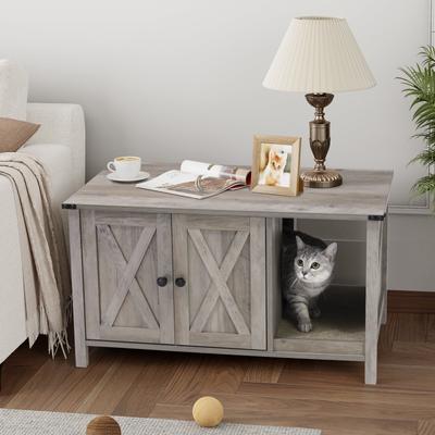 Cat Litter Box Enclosure, Hidden Wood Cat Washroom Furniture with Scratching Post - 33.6" W x 20.6" D x 18.6" H