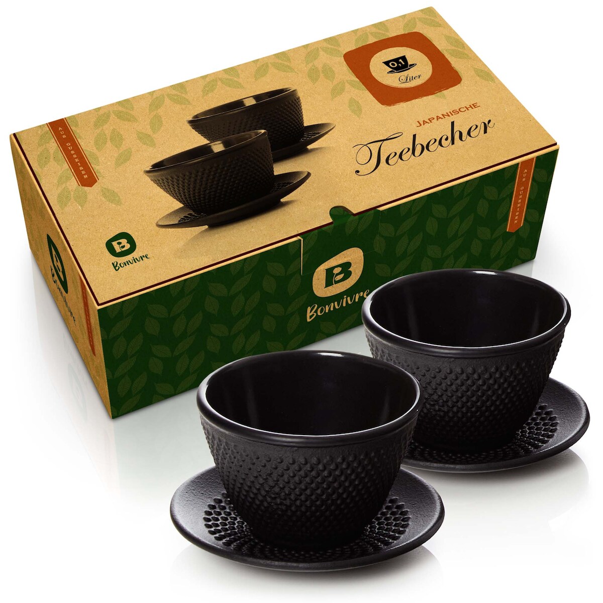 Bonvivre® Teetassen + Untersetzer aus emailliertem Gusseisen - 2er Set | Asiatische Teebecher mit Untertassen - Füllmenge je 100 ml Image