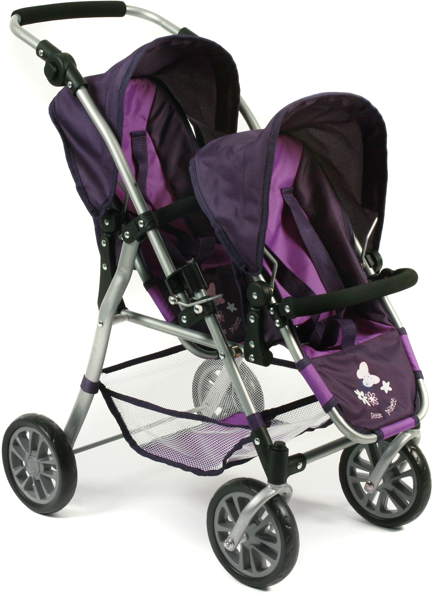 Puppen-Zwillingsbuggy CHIC2000 "Twinny, Pflaume", lila (pflaume), Puppenwagen, KinderB:63cm H:77cm T:63cm, Kunststoff, Metall, Stoff, mit schwenkbaren Vorderrädern, B:63cm H:77cm T:63cm