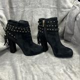 Jessica Simpson Shoes | Jessica Simpson Black Tassel Suede Studded Block Heel Platform Booties | Color: Black/Gold | Size: 6