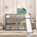 Bunk Bed with Slide, Full Over Full Low Bunk Bed with Fence and Ladder for Toddler Kids Teens, Gray