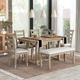 6 Pieces Dining Table Set, Wooden Rectangle Table and 4 Chairs with Bench with Cushion, Kitchen Table Chairs Set for 6 Persons